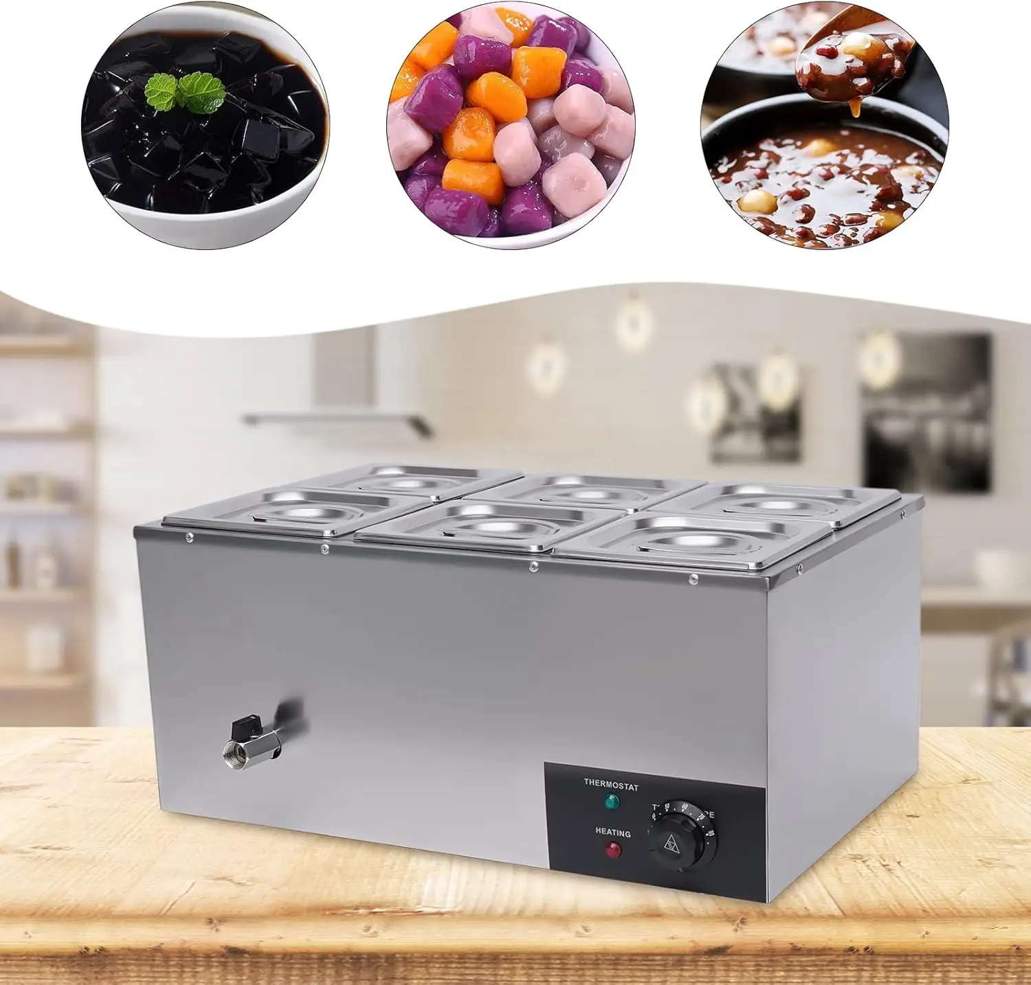 Chauffe-aliments avec seau, table à vapeur électrique à 6 poêles, Planche en acier inoxydable, Chauffe-aliments Bain Marie, Capacité de 19.2 Qt pour attribuable a