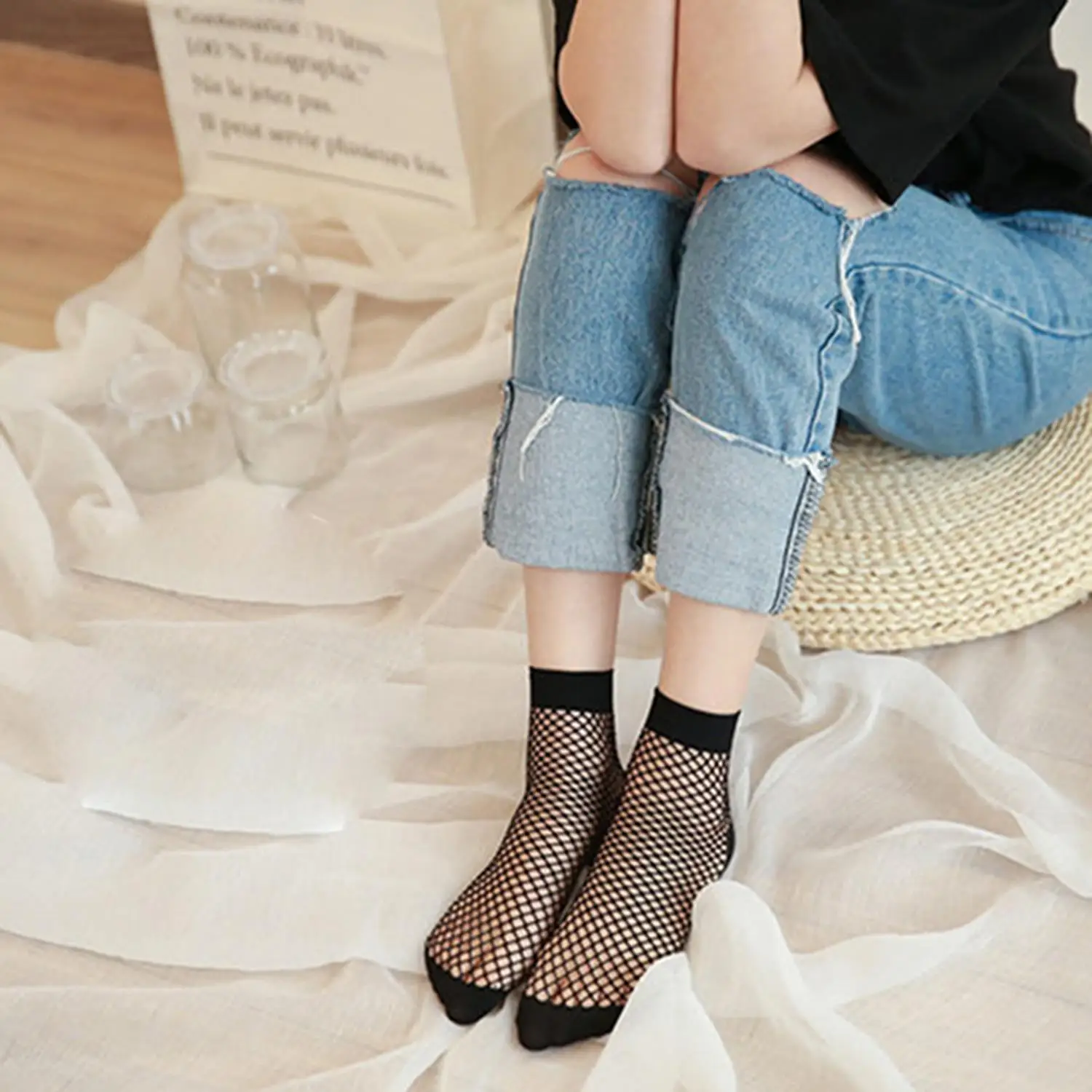 1 زوج المرأة جوفاء الصيد صافي الجوارب المألوف الصيف مثير شبكة الجوارب أسود أبيض تنفس جورب قصير غير رسمي #2