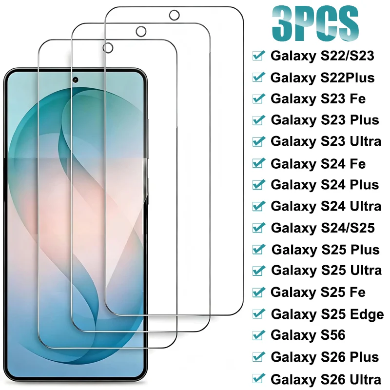 Kit com 3 Películas de Vidro Temperado para Samsung Galaxy S24 S25 Plus S26 Ultra FE S25 Edge, Protetor de Tela para Samsung S22 S23 S24 Plus