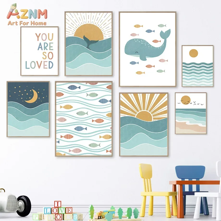 AZNM Boho Ocean Canvas Wall Art Cute Whale Fish Wave Sun Moon You Are So Loved Print Unframed Canvas Painting For Neutral Baby N