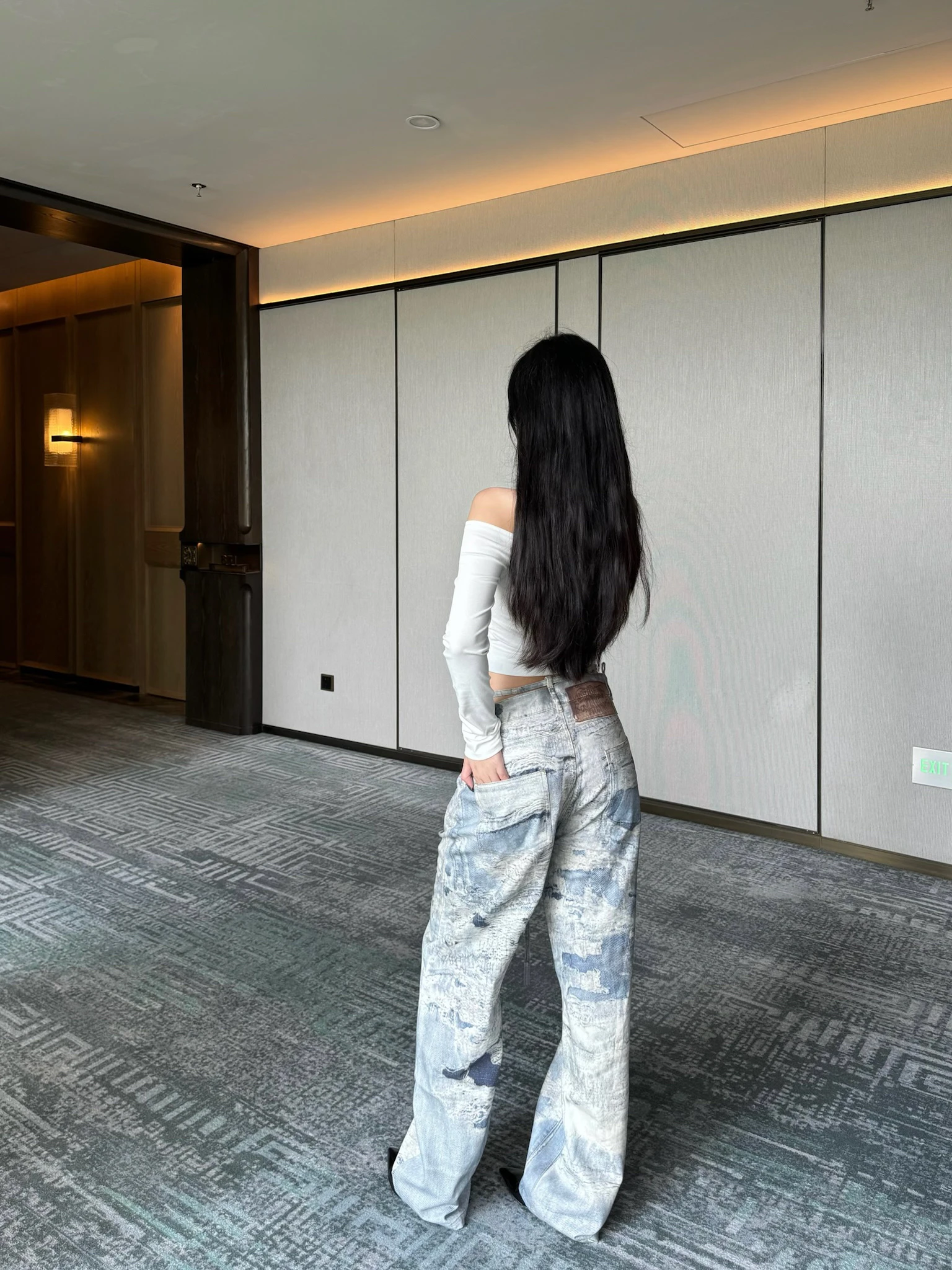 

Rizzma New 3D Digital Printing Inkjet Spray Low Waist Belted Water Wash Denim Jeans Slimming Wide Leg Trousers for Women