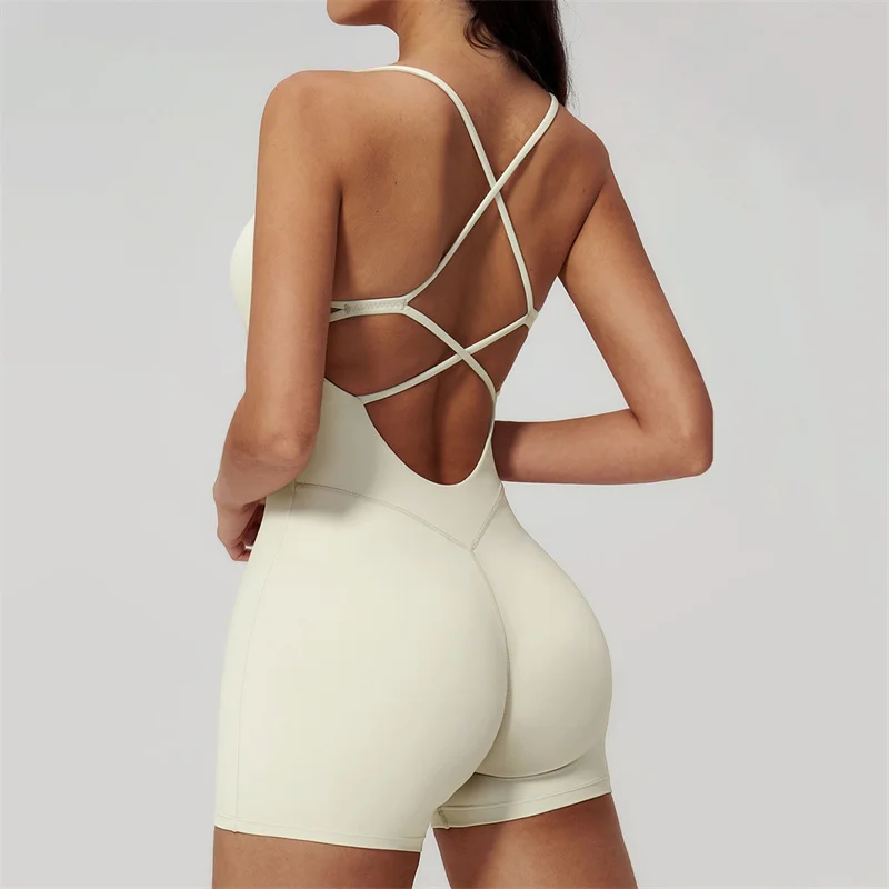 SVEIC Yoga Jumpsuit Set Short Hollow Cross Back Buttery Soft  Butt Lifting Sportswear Bodysuit Workout Fitness Gym Women Clothes
