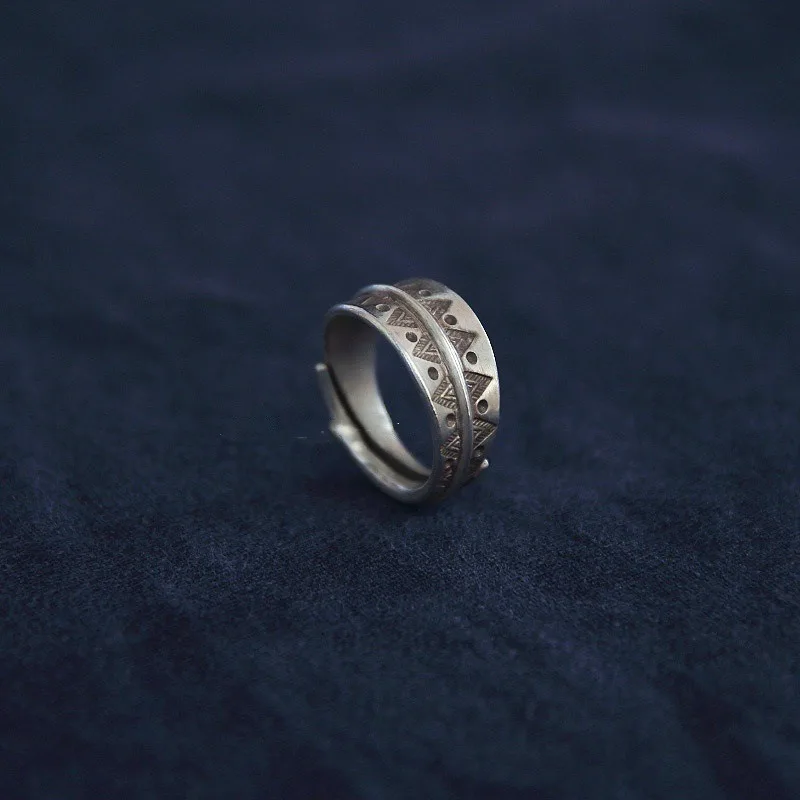 Handmade Retro Totem Open Ring for Men Women Vintage Boho Tribal Pattern Stainless Steel Adjustable Finger Ring