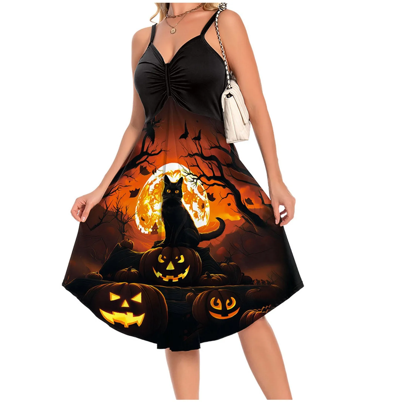 Ladies Fashion Halloween Dress Halter Deep V Sleeveless Loose Sexy Dress Holiday Features Print Fashion Trend Casual Dress