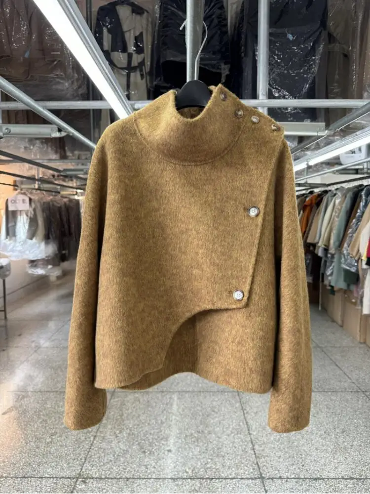 Stand Collar Office Lady Short Design Feeling Woolen Jackets 2024 Autumn And Winter Single Breasted Loose Women Wool Coats