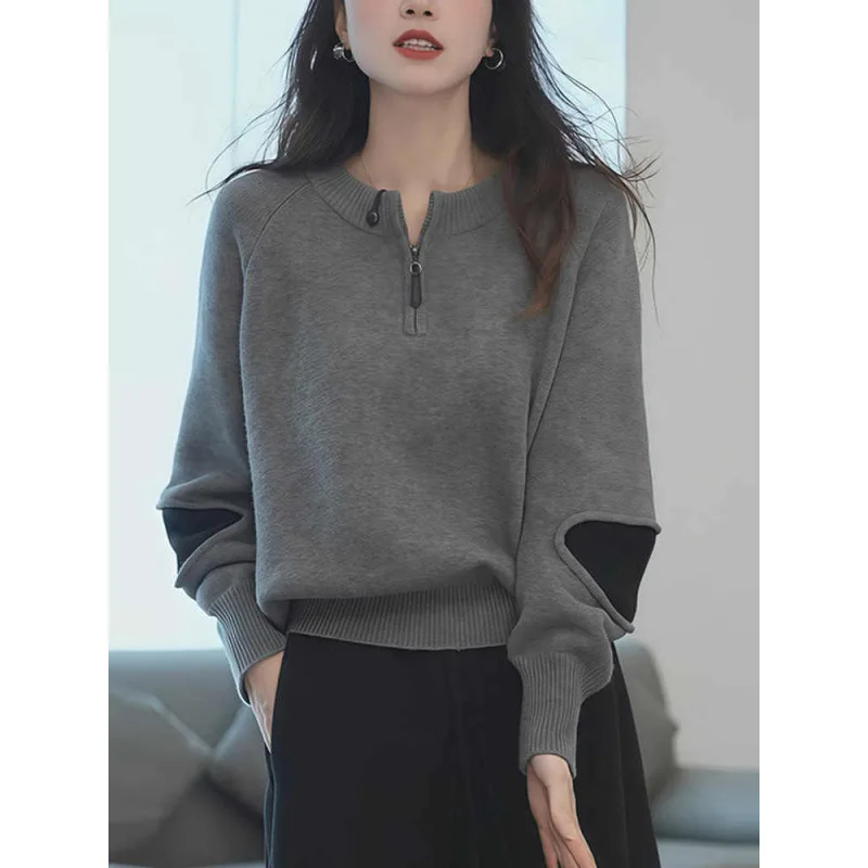 

Long Sleeved Contrasting Color Splicing Half Zipper Sweater Women's Autumn and Winter New Loose Knit Gray Pullover Top