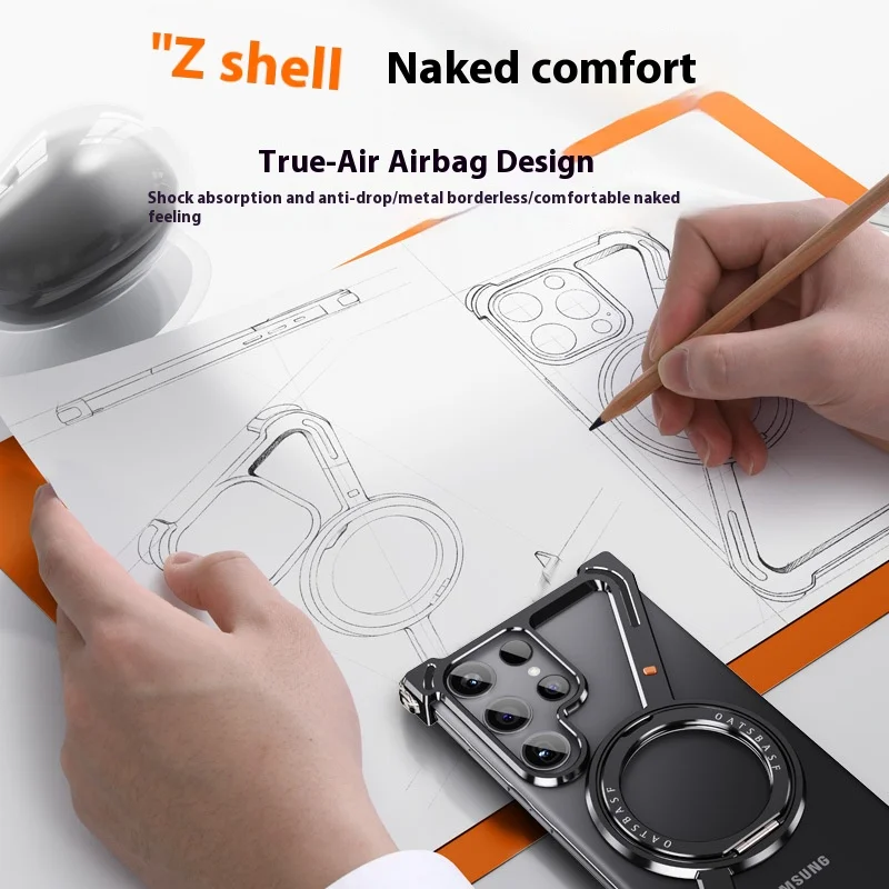 For Samsung S24ultra Samsung S24+ phone case metal frameless hollow half package rotating bracket magnetic suction Z-shell
