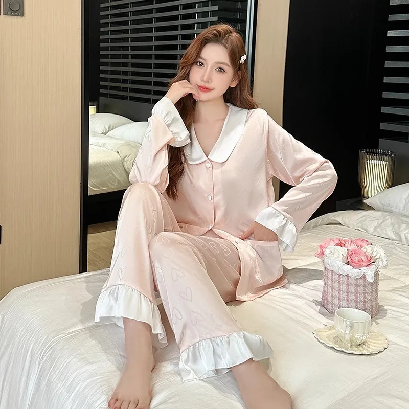 2024 Entry Luxury Spring and Autumn New Ice Silk Long-sleeved High-end Pajamas Women's Outwear Summer Home Clothes Casual suit