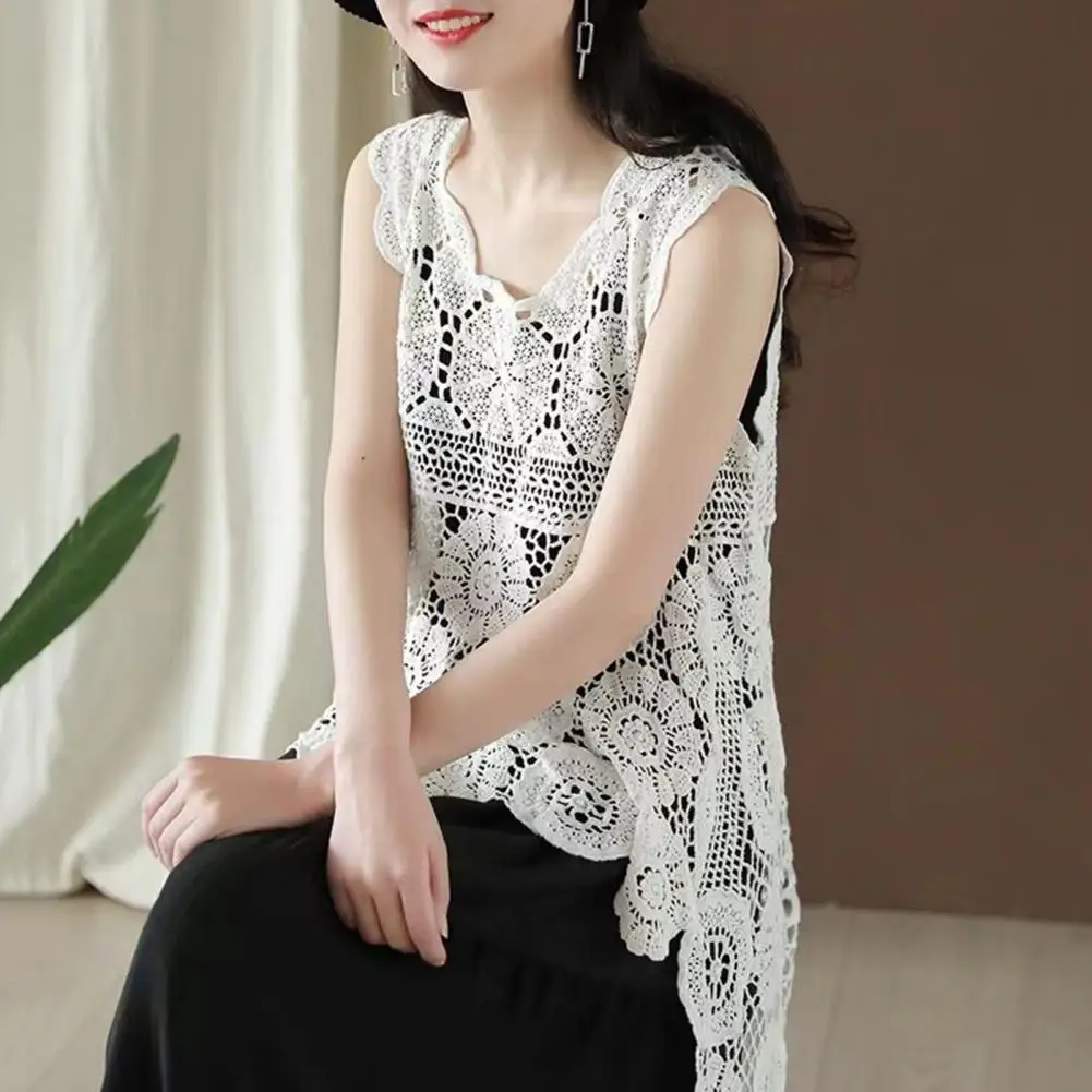 Summer Women Vest Hollow Lace Sleeveless Vest Irregular Hem Retro Loose Pullover Casual Tank Top