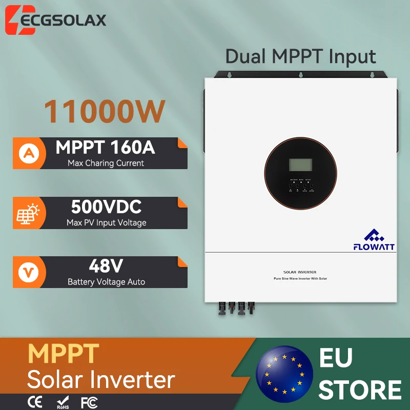 ECGSOLAX Onduleur Solaire Hybride 11KW 230Vac 48V Double Entrée Contrôleur MPPT 160A Charge 11000W Onduleur Solaire Hybride BMS WiFi Prédéfini