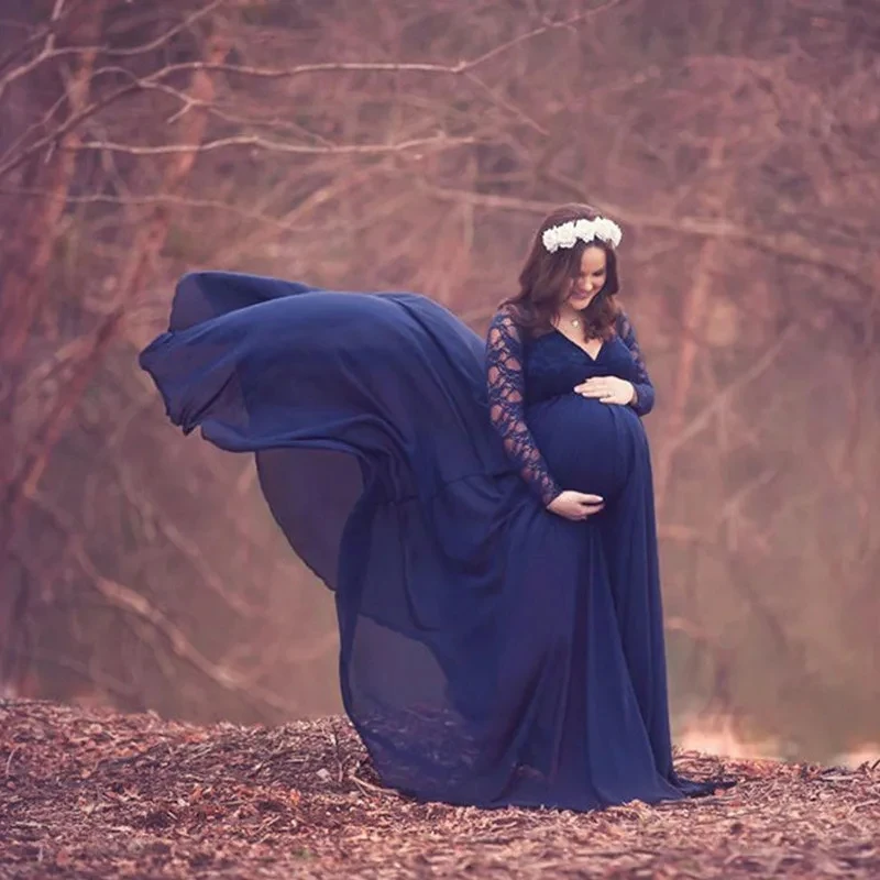 Vestido de maternidad con costuras de encaje para mujer embarazada, bata para sesión de fotos, vestido de Baby Shower, vestido de fotografía de maternidad