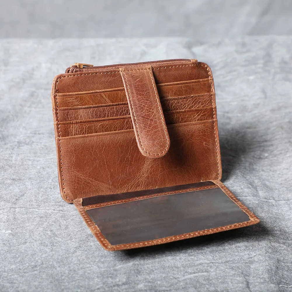 S.WORKER Handgefertigter Vintage-Kartenhalter aus echtem Leder, Vollnarbiges Rindsleder, Kleine Münztasche, Tragbare Tasche – Detail 6