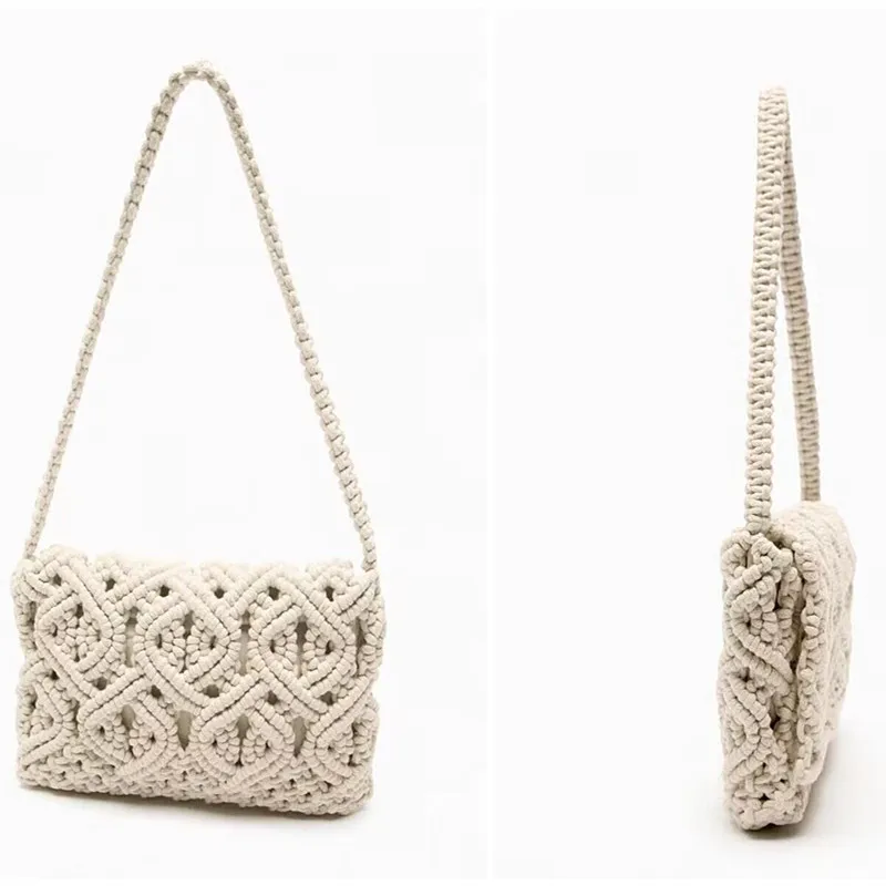 Rope Crochet Women Shoulder Bag Hollow Knitting Handbags Bohemian Woven Flap Handmade Square Tote Female Shopper Purses Clutch