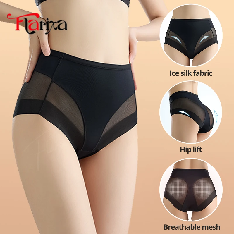 Flarixa Mesh High Waist Panties Women Body Slimming Shaper Briefs Ice Silk Sculpting Underwear Elastic Lace Female Lingerie