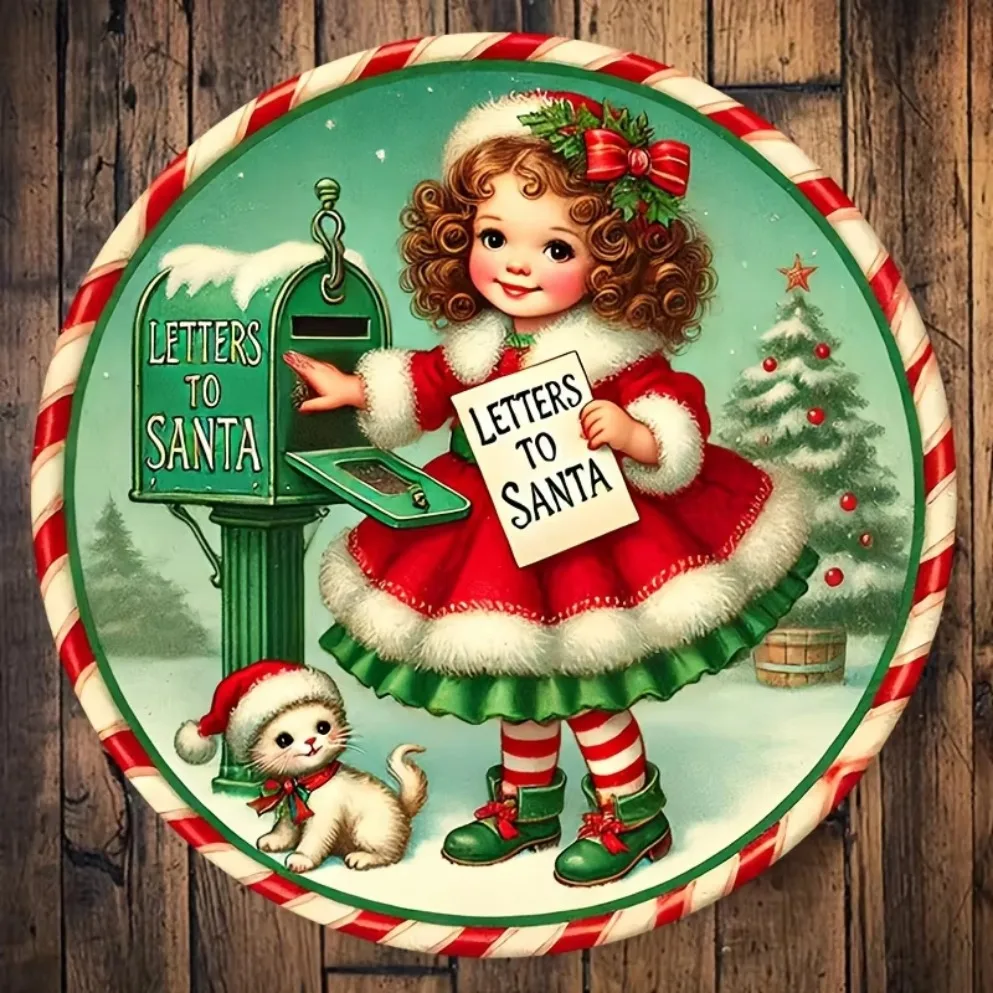 Sinal de ferro redondo com letra de Papai Noel 8x8" – perfeito para decoração de Natal, casa, escritório e presentes, perfeito para decoração de quarto