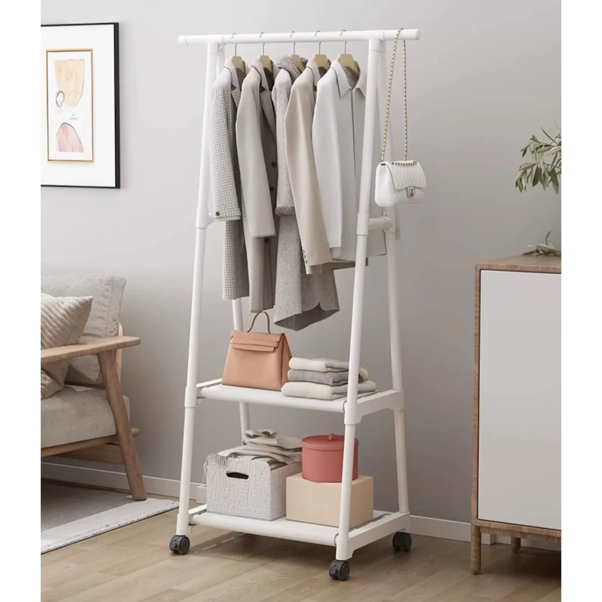 Movable Clothing Rack Stand Metal Floor Standing Cloth Coat Hanger Hat Handbag Purse Organizer Rack Clothing Storage Organizer