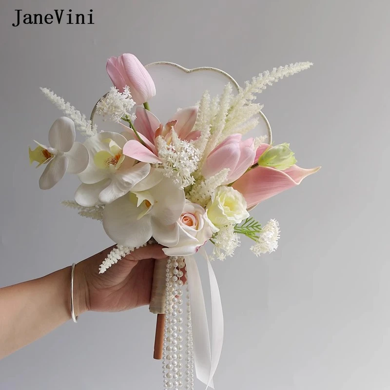 JaneVini Romantic Pink Blue Roses Bridal Bouquets Fan Type Artificial Silk Flowers Chinese Bride Bouquet Fan Wedding Accessories