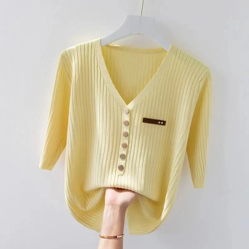 V-Neck Button Knit Short Sleeved Women T-Shirts New Korean Summer Slim All-Match Pullover Basic Thin Knitted Casual Female Tops