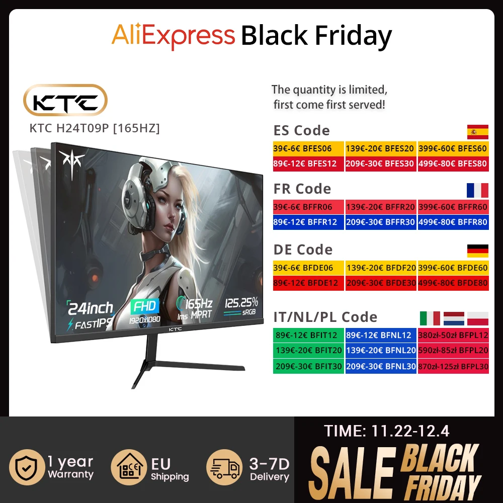 KTC H24T09P Gaming Monitor, 24 Inch 1920x1080 16:9 FHD 165Hz ELED Fast IPS Panel Screen, HDR10 1ms MPRT Response Time Low-blue