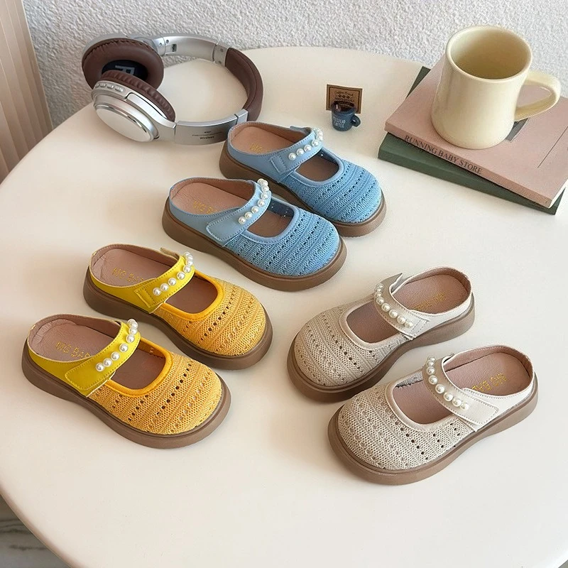 

New Summer Shallow Color Sandals for Girls Knitted Fabric Vamp Girl's Slippers Fashion Beading Platform Shoes Slides with Pearl