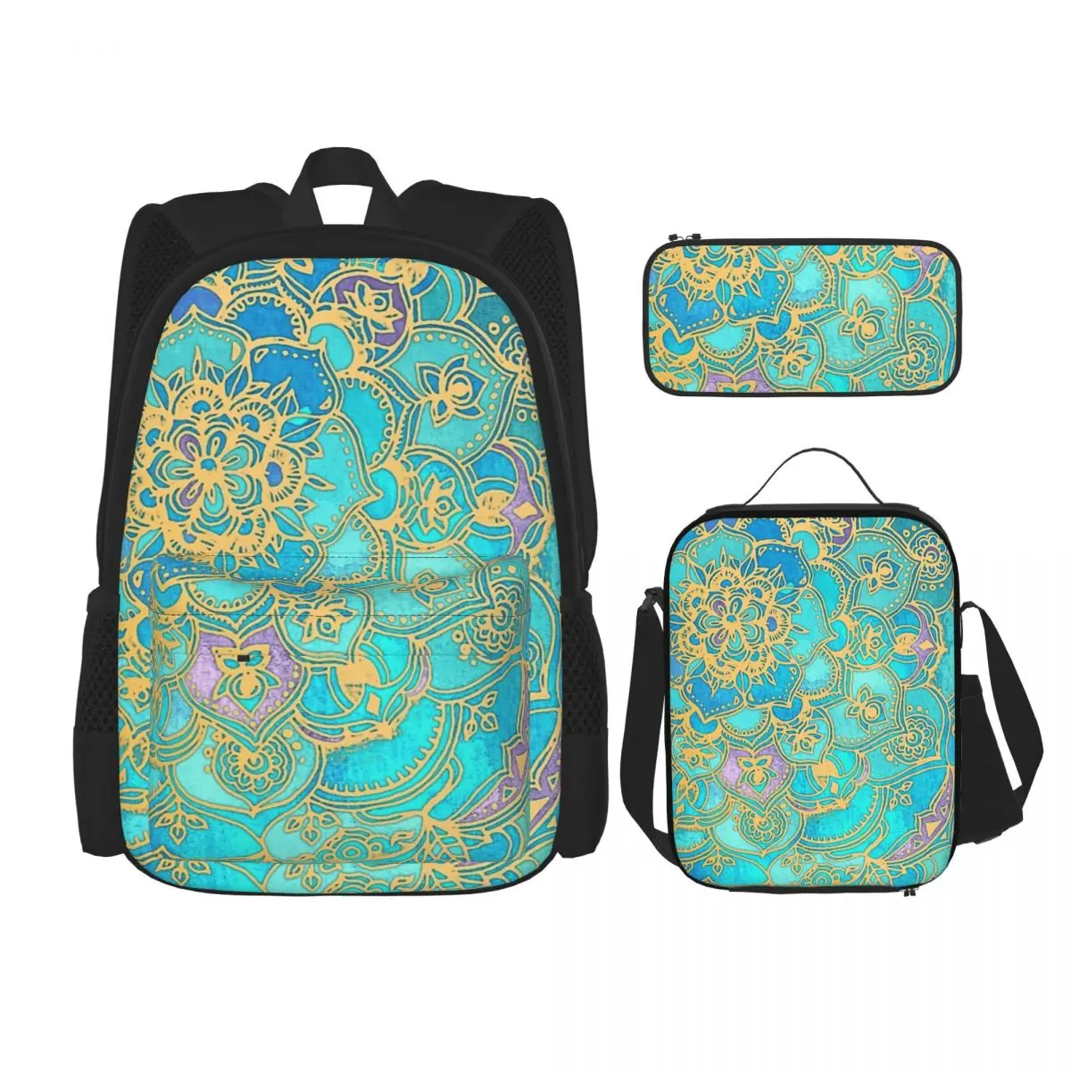 Sapphire & Jade Stained Glass Mandalas Backpacks Children Bookbag School Bags Rucksack Lunch Bag Pen Bag Three-Piece Set