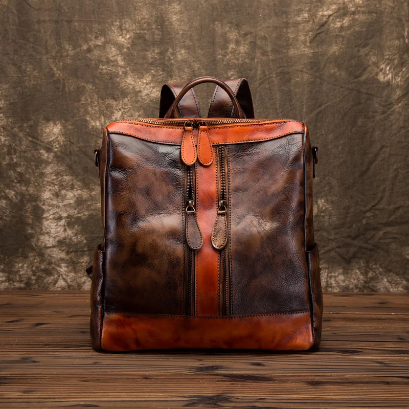 Vintage Genuine Leather Backpack Woman Patchwork First Layer Cowhide Travel Bags Luxury Handmade Real Cow Leather Shoulder Bag