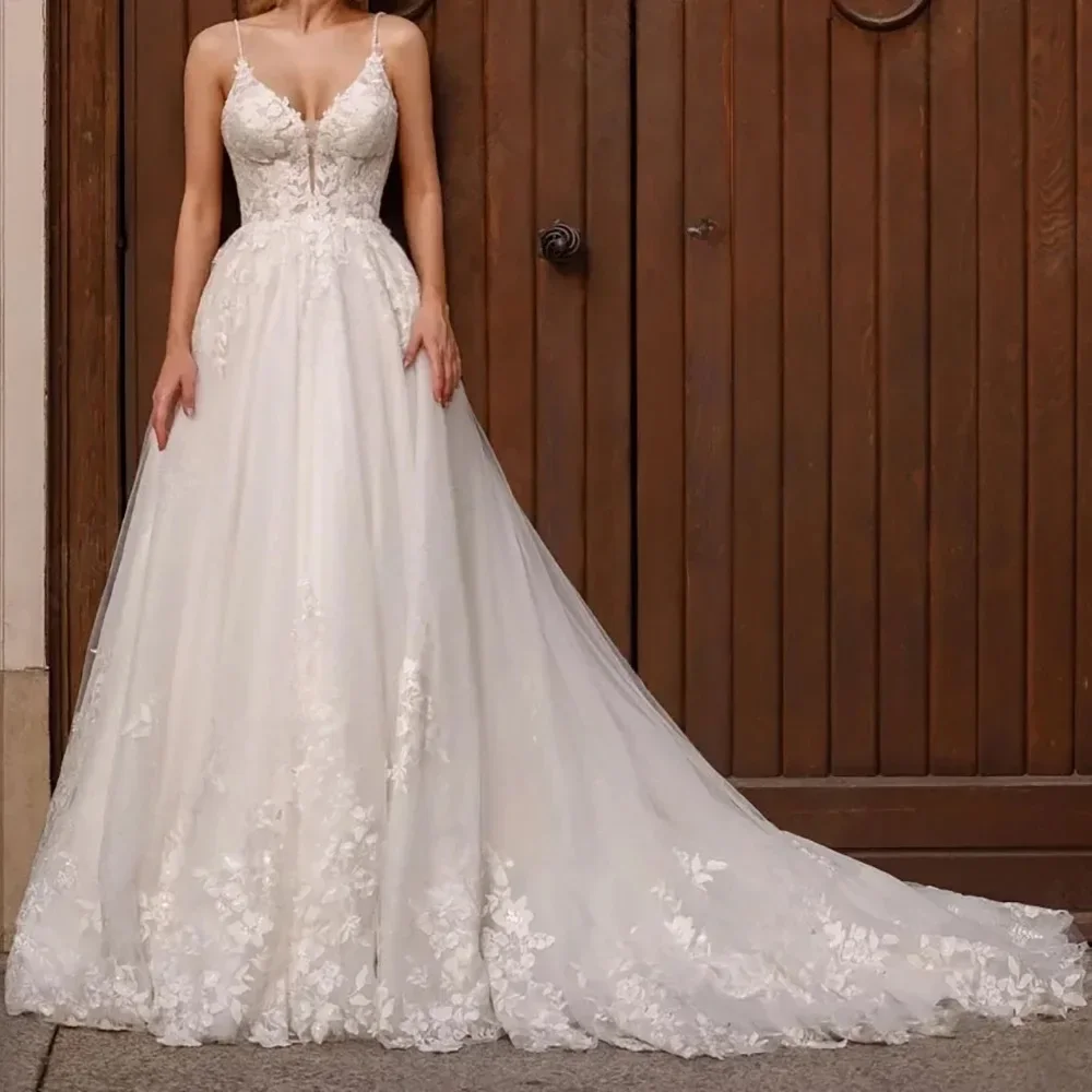 Customized Boho Glitter Spaghetti Straps Wedding Dresses Gowns Backless V-Neck Tulle A-Line Vestido De Novia Bridal Dresses