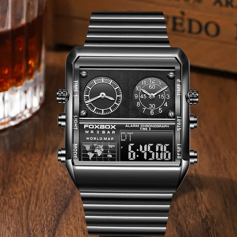 Foxbox relógios masculinos marca de luxo relógio quadrado para homens relógio de pulso quartzo moda à prova dwaterproof água dupla exibição relógio relogio masculino