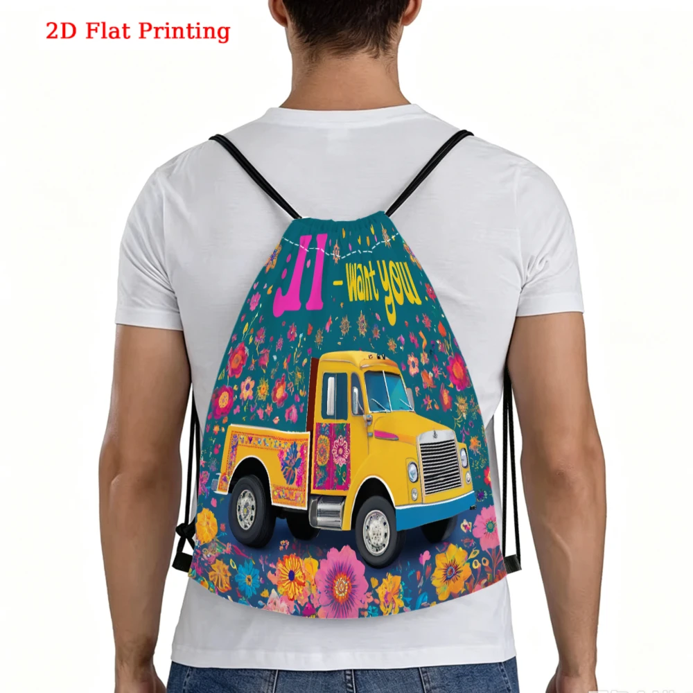 Retro Style, Drawstring Backpack, 2D Flat Printing Yellow Truck And Floral Pattern, Gym Sports Bag, Outdoor Travel Cinch Sack