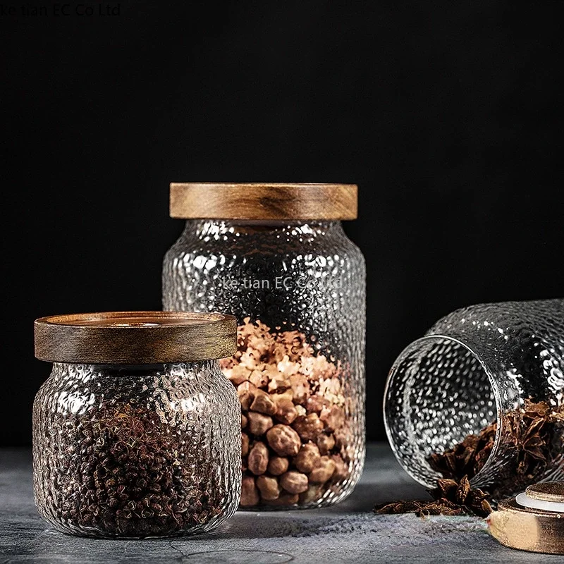 400-1000ML Acacia wood cover glass jar transparent hammered glass Sealed Spice Jar Storage Bottle Coffee Bean Tea Storage Jars