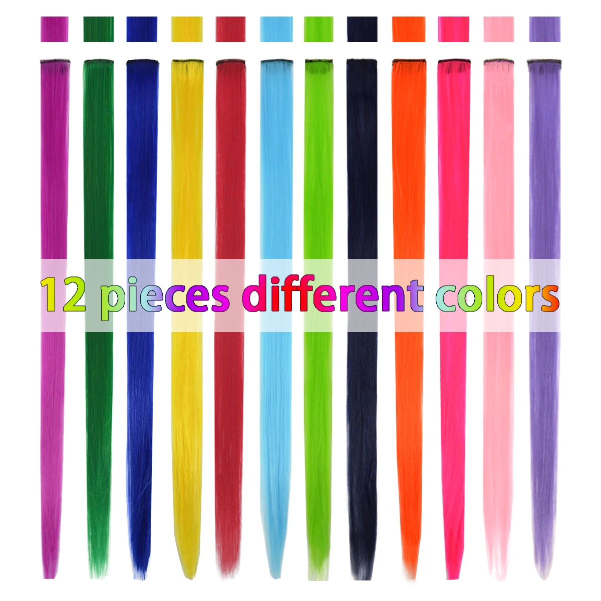 12 قطعة 22 بوصة وصلات شعر بمشبك في وصلات شعر صناعية بألوان قوس قزح وصلات شعر مستقيمة للفتيات تجديل