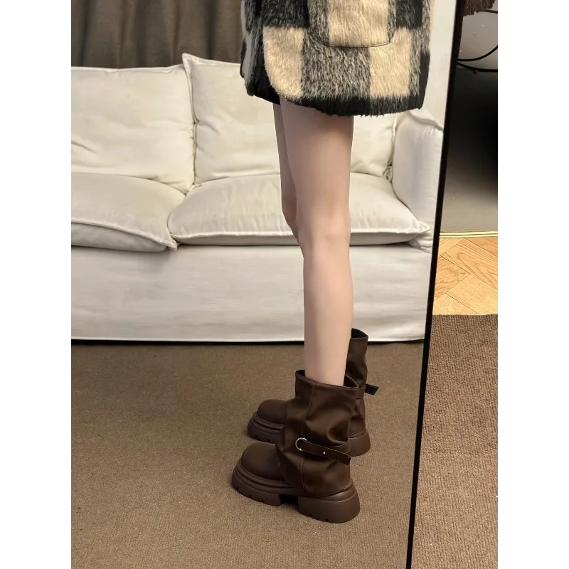 Women's Thick Bottom Boots British Style Autumn Winter Short Boots Brown Mermaid Tube Boot Daily Wear Round Toe Boots 2026 New - view 2