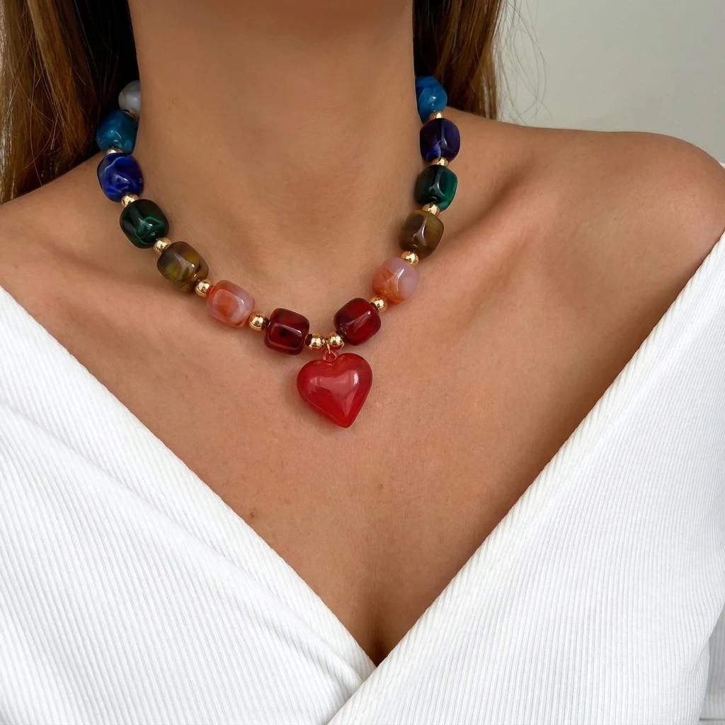 Colar choker boho de contas de resina colorida com pingente de coração - foto 1