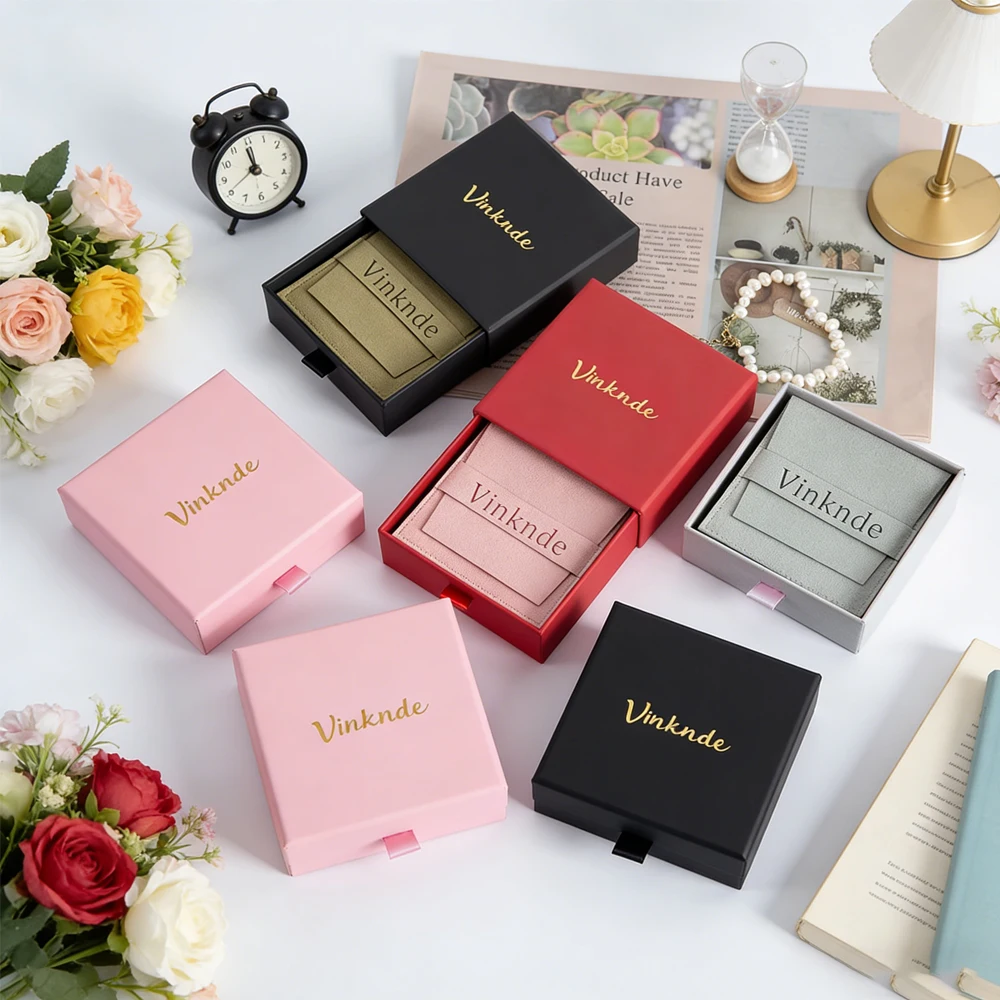 

100Pcs Customized Logo Ring Necklace Bracelet Drawer Jewelry Box With Suede Velvet Bag Display Wedding Favors For Guests Bulk