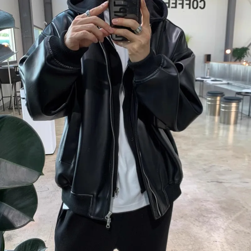 American Style Fake Two Pieces Hoodie Leather Jacket Coats Autumn Winter Fashion Loose Motorcycle Jackets for Men Y2k Streetwear