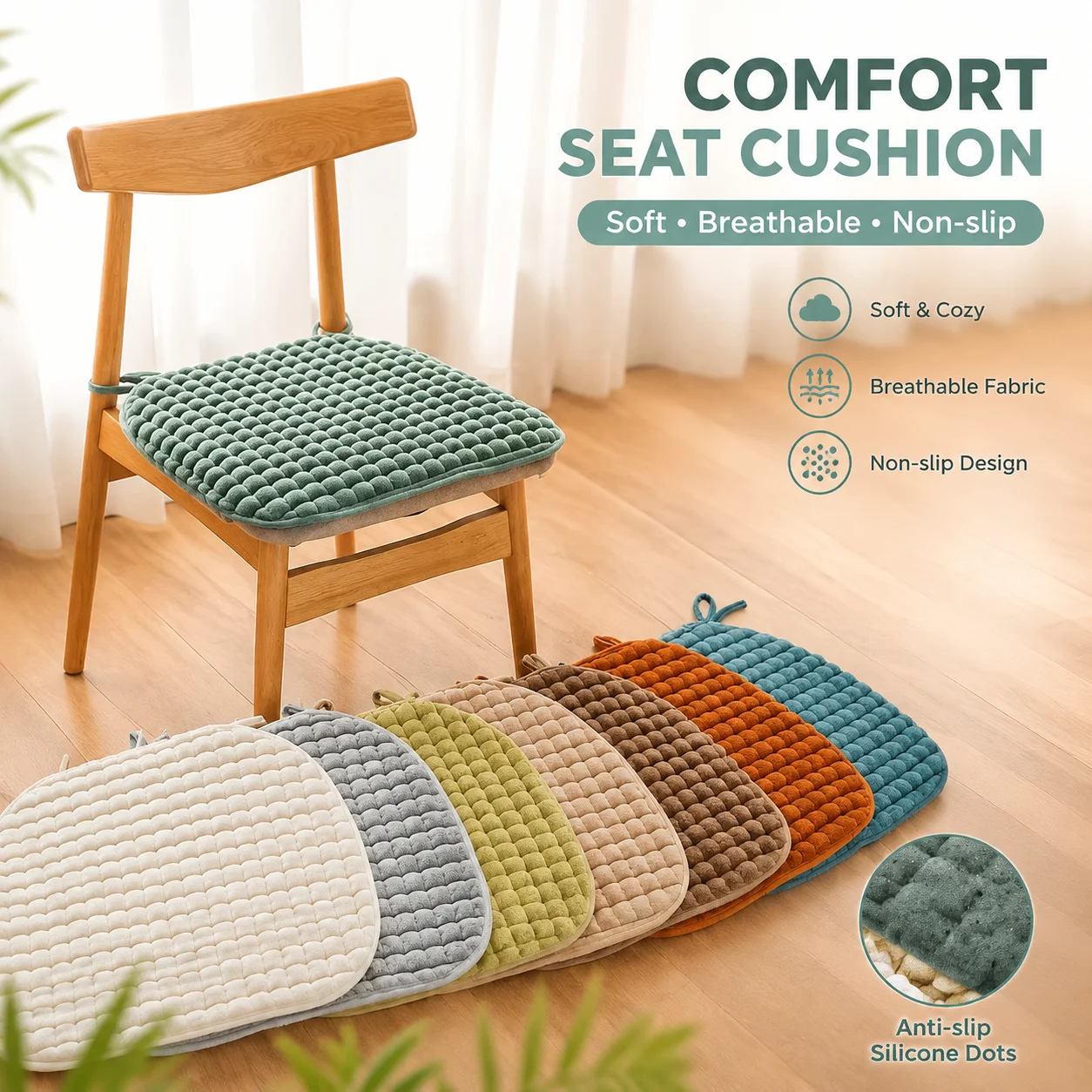 2pcs Thick Square Plush Cushion Pad Soft Fleece Top Non Slip Bottom with Straps Pad for Office Dining Chair Stool Entryway Bench