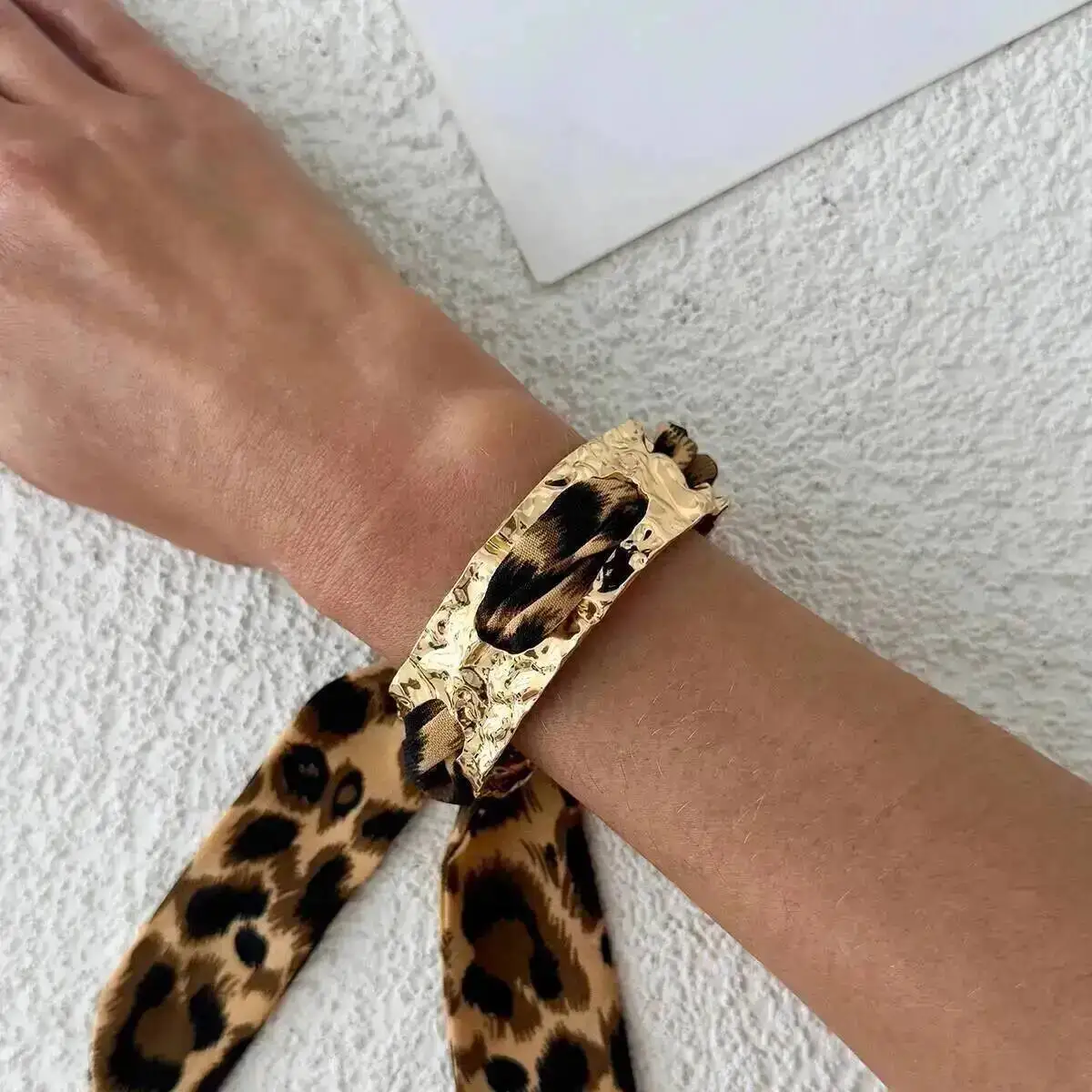 

IngeSight.Z Retro Ethnic Style Leopard Print Scarf Metal Bangle Bracelet Trend Creative Opening Cuff Bracelet Aesthetics Jewelry