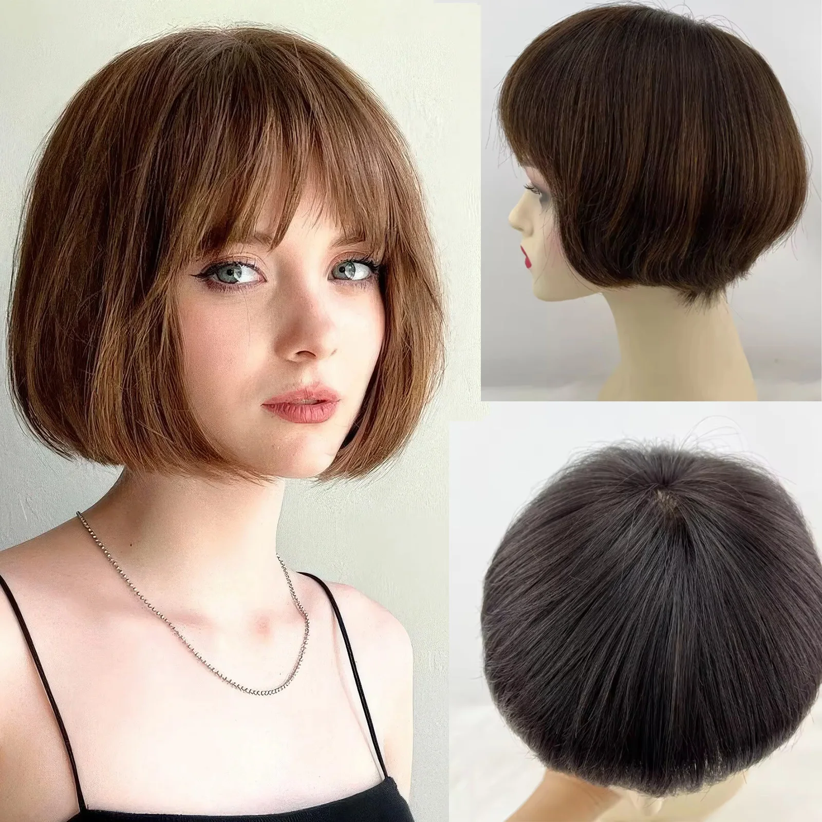 شعر مستعار قصير بوب 100% شعر بشري حقيقي بني داكن مستقيم كامل اليد مربوطة الدانتيل قاعدة الحرير تاج علوي مع الانفجارات الهوائية للنساء #1