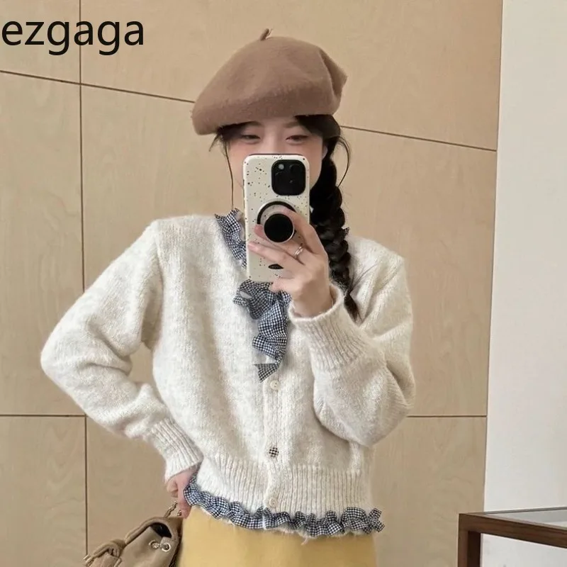 

Ezgaga Cropped Cardigan Women Bow Preppy Style Single Breasted Autumn Winter Knitted Sweater Ruffles Patchwork Female Casual