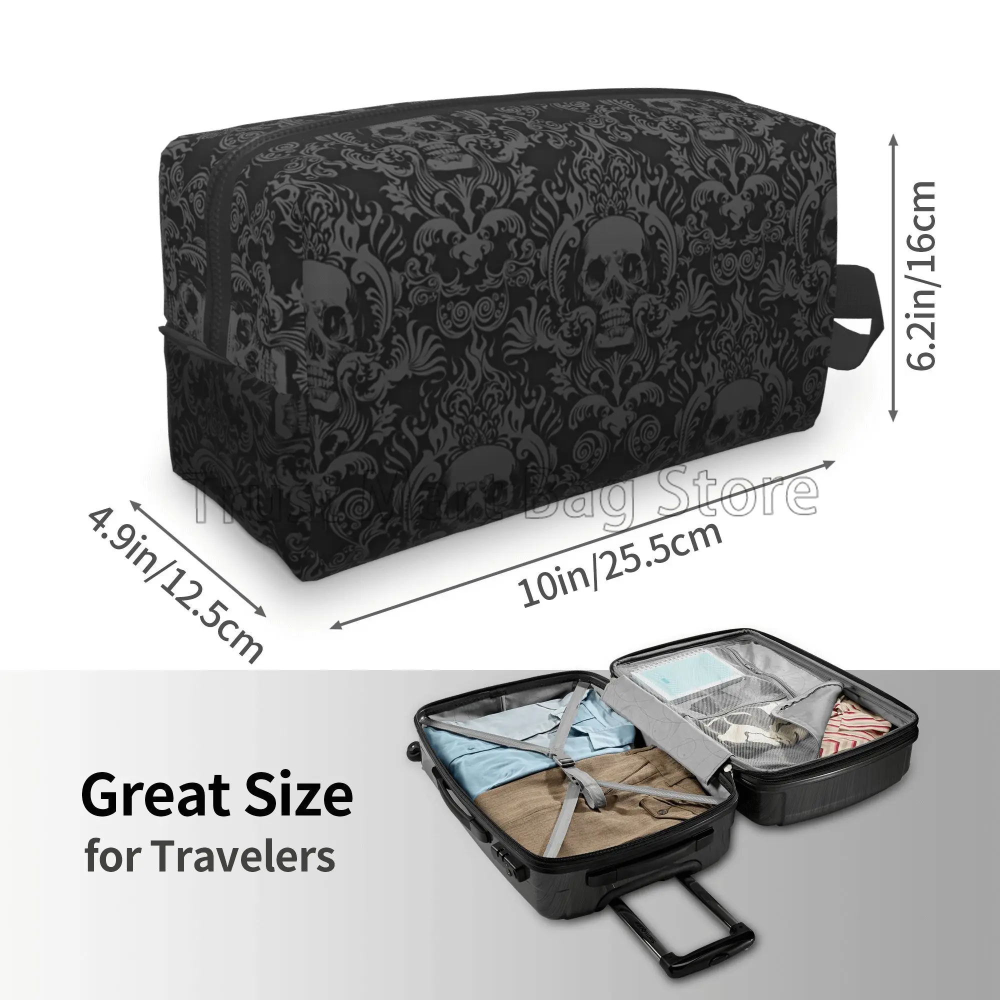 Gothic Black Skull Damask Storage Bag Portable Large Capacity Makeup Bags for Women Men Travel Cosmetic Bag Toiletry Pouch