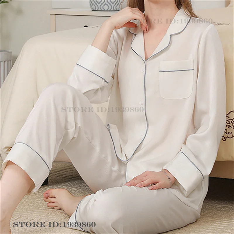 

Spring Autumn New Female 2PCS Pajamas Set Loungewear Comfortable Silky Satin Sleepwear Trouser Pijamas Suit Loose Homewear