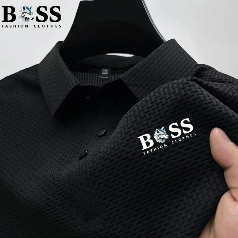 Kaus Polo Lengan Pendek Tanpa Kerah Cepat Kering Sutra Es Tren Mewah Kasual Pria 2025 - Musim Panas Bernapas Nyaman Berkualitas Tinggi