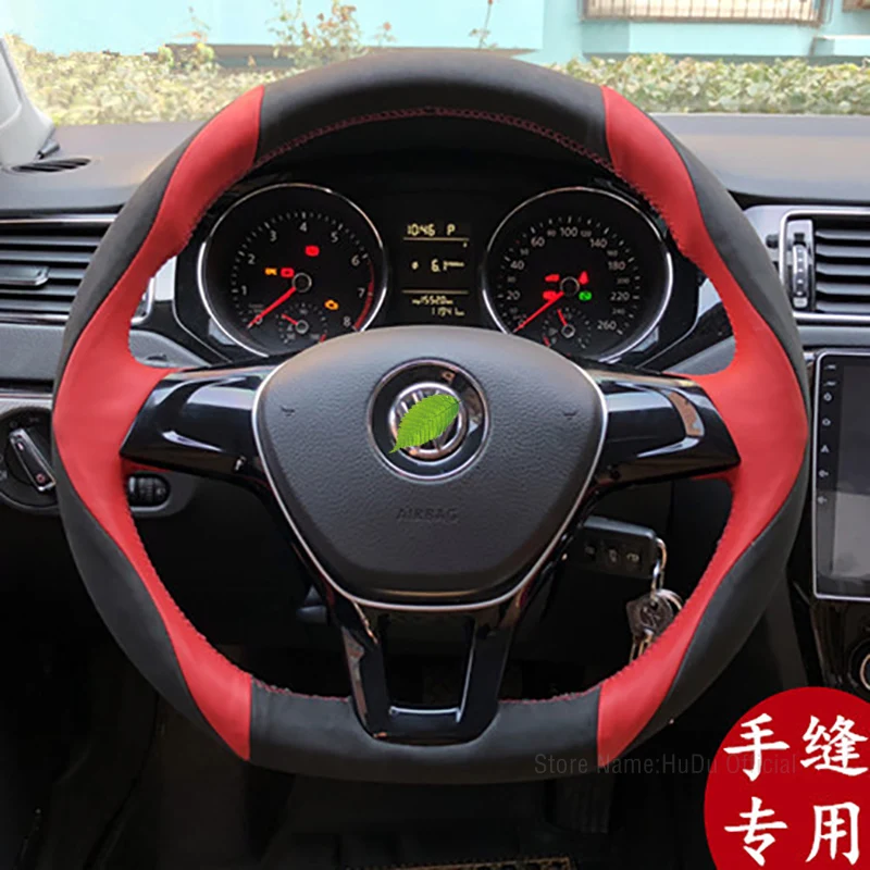 DIY Steering Wheel Cover For Volkswagen Jetta Golf Passat Tiguan Lamando T-Cross Sagitar Polo Red Leather Suede Car Interior