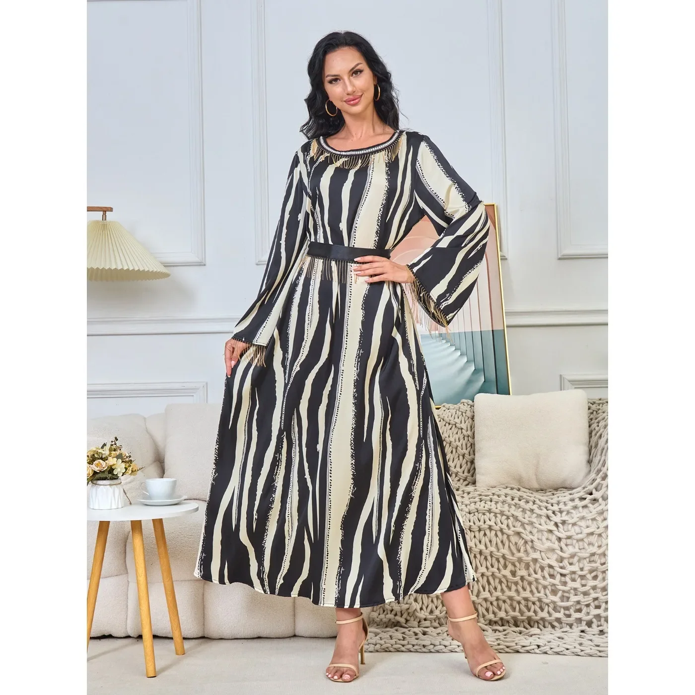 

Latest Fashion Women Striped Print Fringe Skirt with Belt Elegance Long Sleeved Maxi Dress Femme Party Dresses Loose Casual Robe