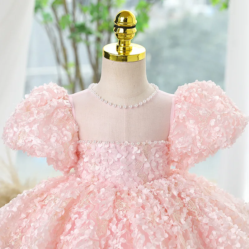 Vestido de princesa pongsa infantil, vestido rosa de ano novo, doce flor, vestido de performance de aniversário de menina