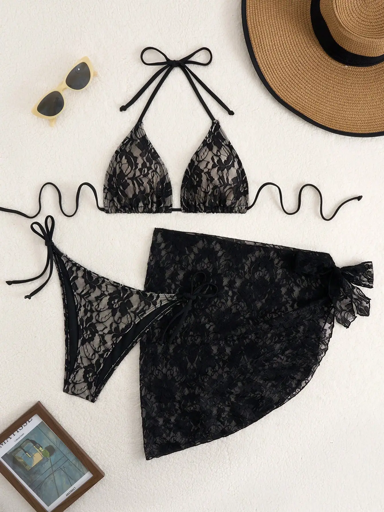 

Elegant Black Floral Lace 3-Piece Beach Set: Triangle Top, Tie-Side Bottoms, And Wrap Skirt For Summer Vacations