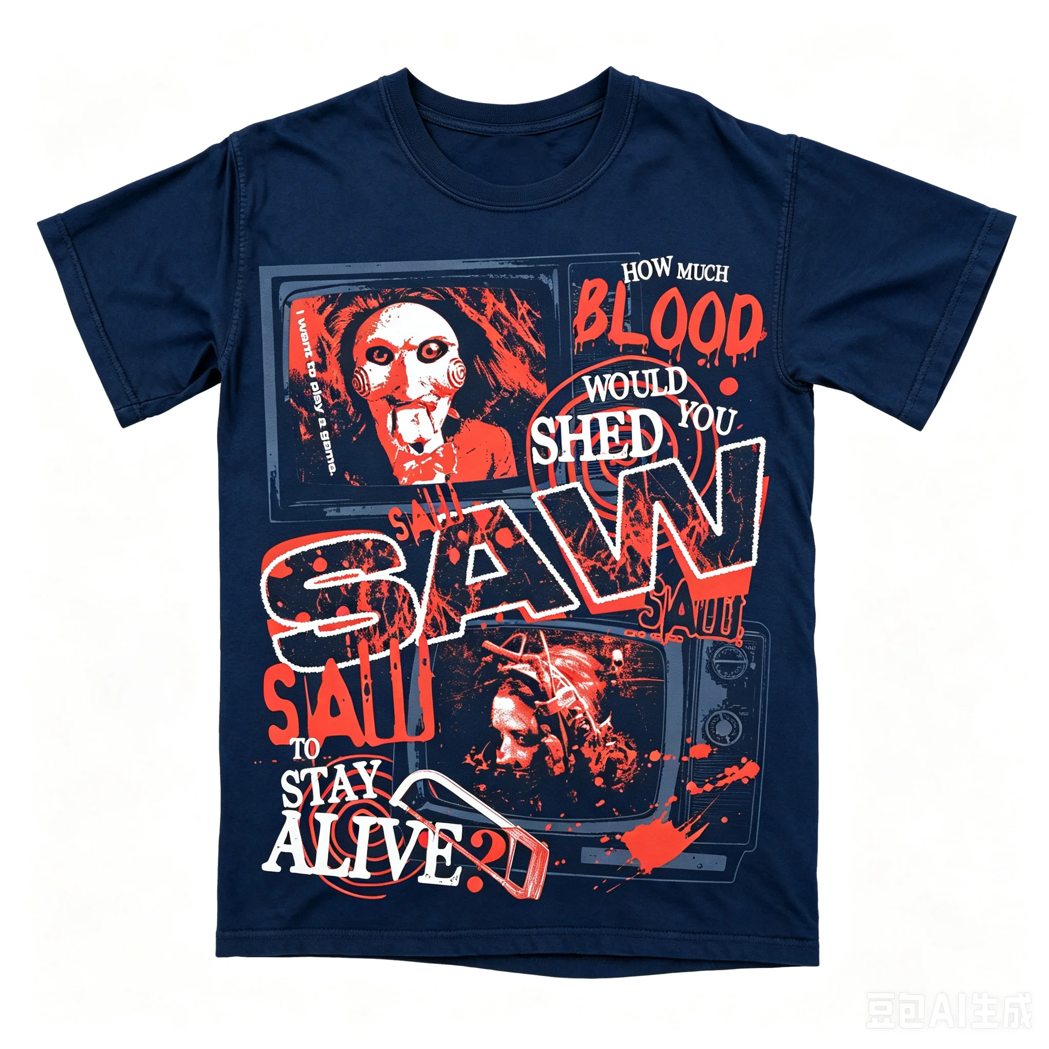 Black Red Drip Dual TV Frame Horror Graphic Tee Doll Portrait Blood Slogan Chest Oversized Street Tops