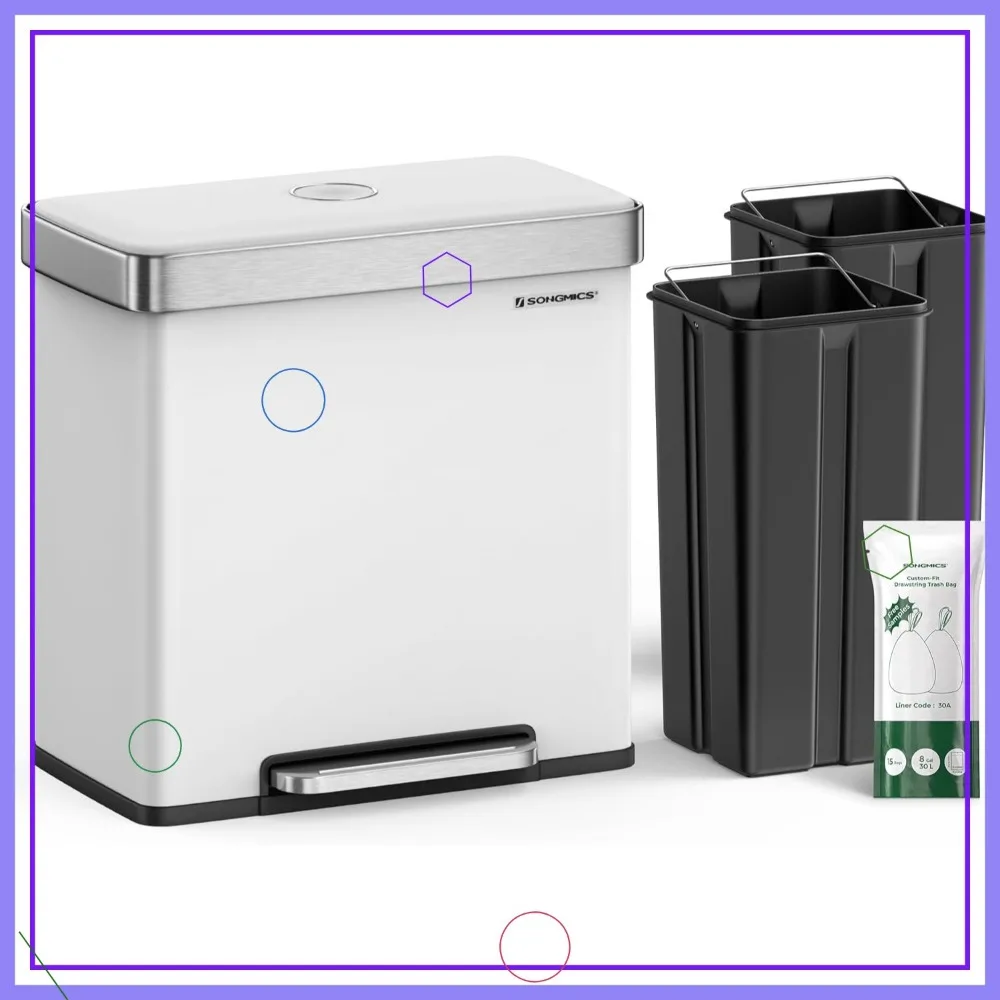 

Кухонный мусорный бак с двумя отделениями на 16 галлонов с педалью, крышкой с мягким закрыванием, нержавеющая сталь, в комплект входит 15 пакетов