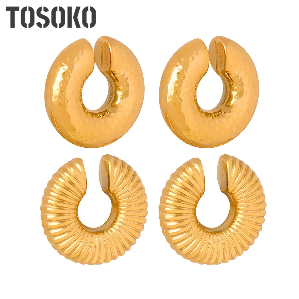 TOSOKO Stainless Steel Jewelry Textured Carved Colorful Fashion U-Shaped Earclip Women\'s Earrings BSF1002