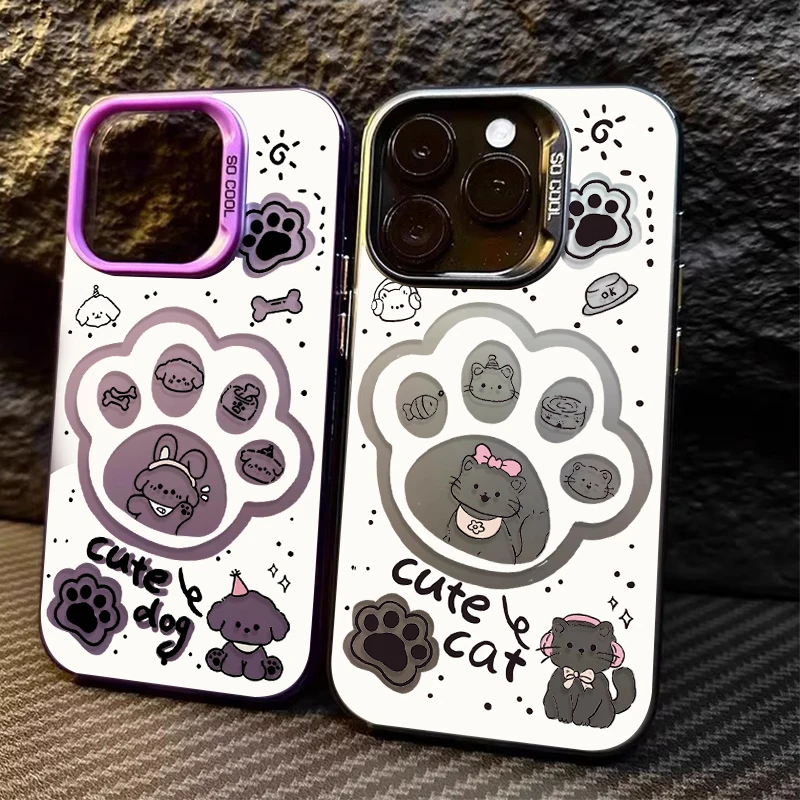 Cartoon Cat Paw Print IMD PC Case For iPhone 16 ProMax 15 14 13 12 11 Pro Max XS X XR 16 Plus Y2K Plating Hard Bumper Back Cover